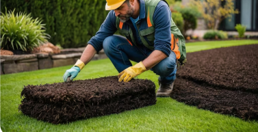 Worker installing fresh artificial turf on a residential lawn in Las Vegas NV, showing careful and detailed turf installation work.