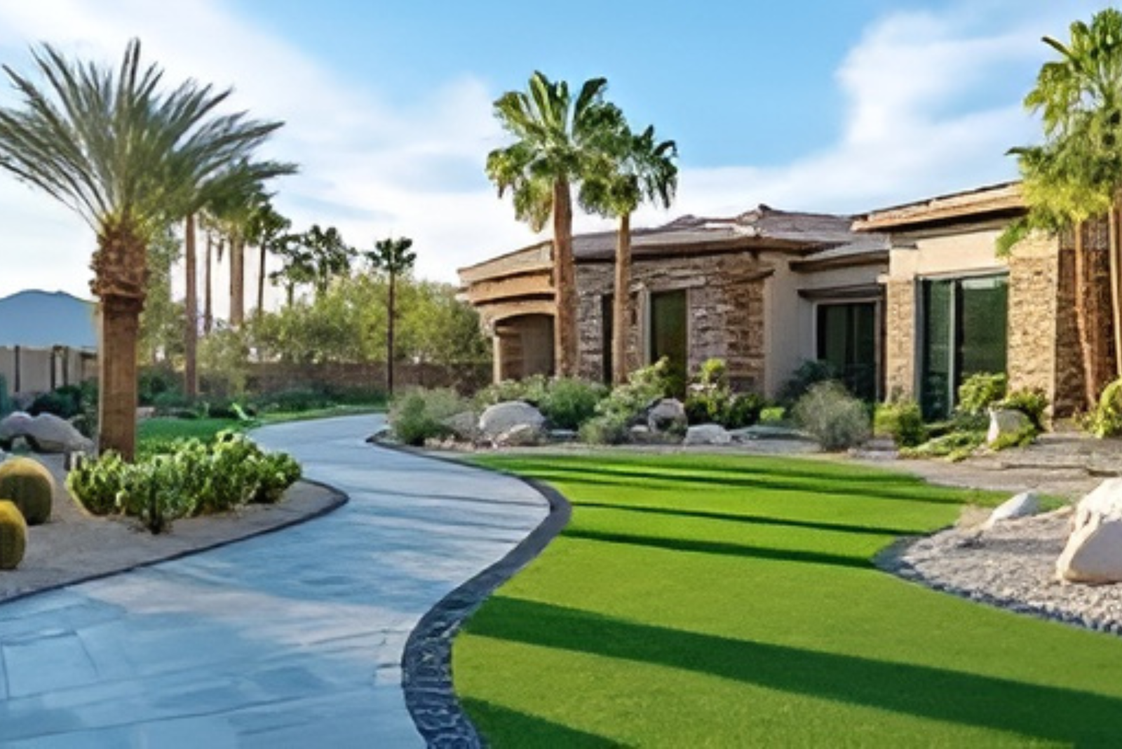 Front yard with desert plants, palm trees, and artificial turf designed by a professional landscaper in Las Vegas NV.