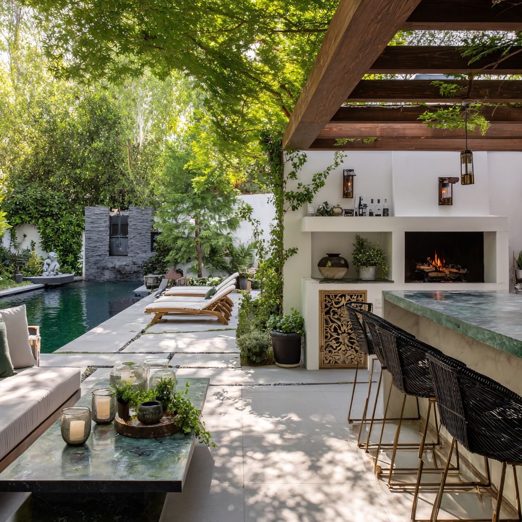 Modern luxury hardscaping featuring a custom outdoor kitchen and wet bar area with a light green marble countertop, integrated fireplace, and wooden pergola beams, adjacent to a pool and lounge area, showcasing premium outdoor kitchen design.