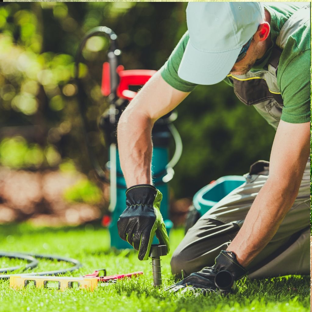Professional technician kneeling on a lawn, tightening or inspecting a sprinkler head riser and pipe component with a wrench, demonstrating expert irrigation system repair and installation service in Las Vegas.