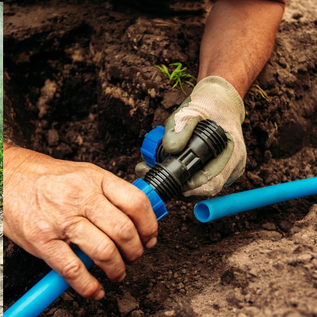 Close-up of a worker's gloved hands connecting a black threaded connector to a blue polyethylene irrigation pipe in a trench of dirt, demonstrating irrigation system repair or new pipe installation.