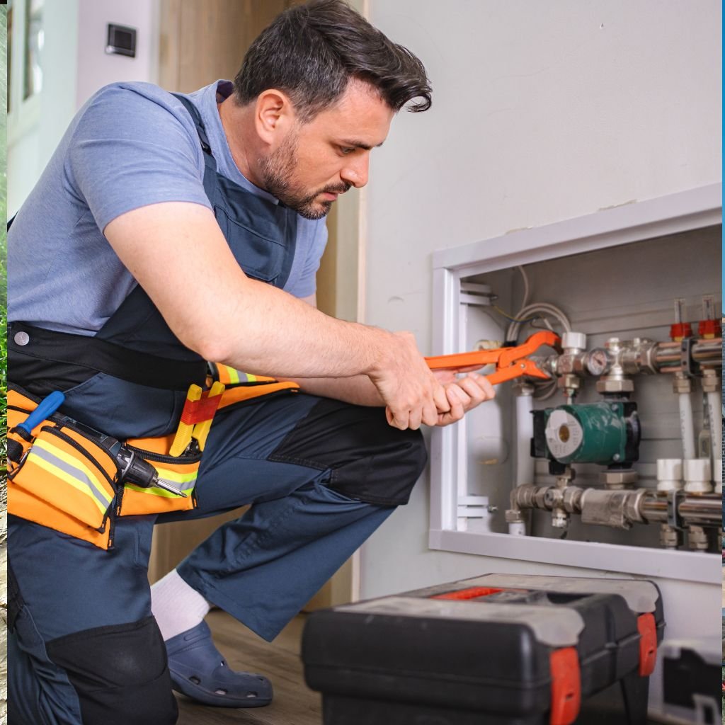 Professional plumber or repair technician using an orange pipe wrench to service a residential water heater or boiler manifold and pump system, representing complex home water system and irrigation repair services.