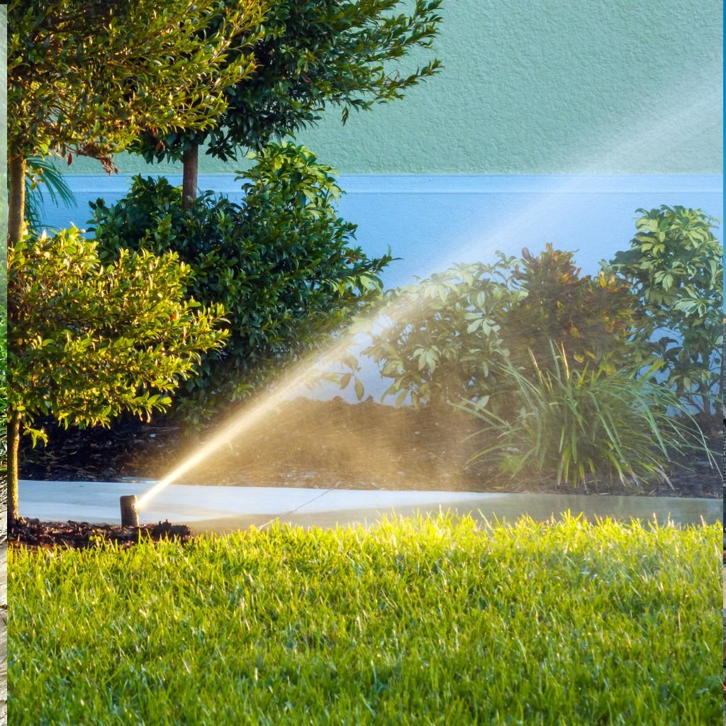 Sprinkler head actively watering a lush green lawn and border shrubs at ground level, showing a functioning pop-up yard irrigation system, relevant for maintenance and irrigation repair services.