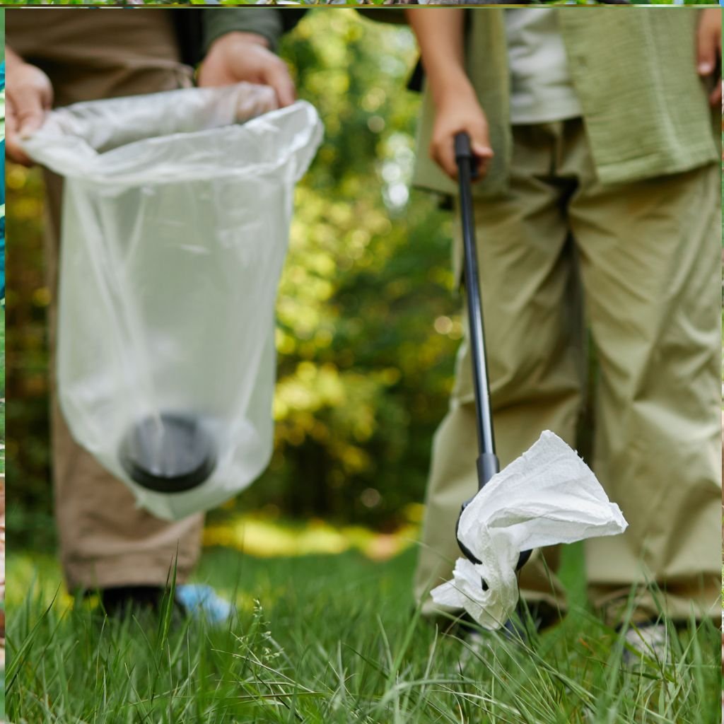 Close-up of hands using a grabber tool to pick up litter and placing debris into a clear plastic bag in a grassy yard, representing general yard clean-ups and debris removal.