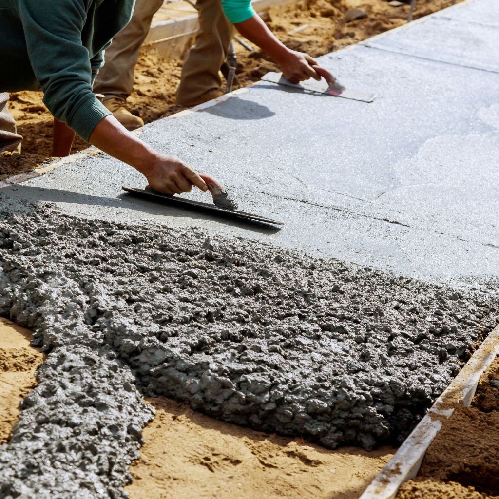 Professional landscapers smoothing and troweling freshly poured wet concrete into a mold or form for a new walkway or patio, demonstrating expert concrete landscaping and installation services in Las Vegas.