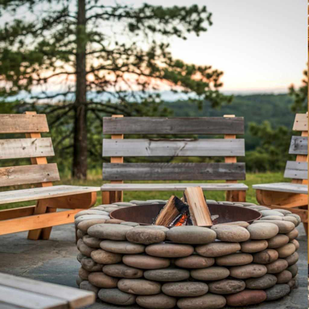 Rustic outdoor living space featuring a custom-built, round fire pit constructed from stacked river rocks with a metal ring insert, surrounded by handcrafted wooden benches, emphasizing beautiful residential fire pit design and installation.