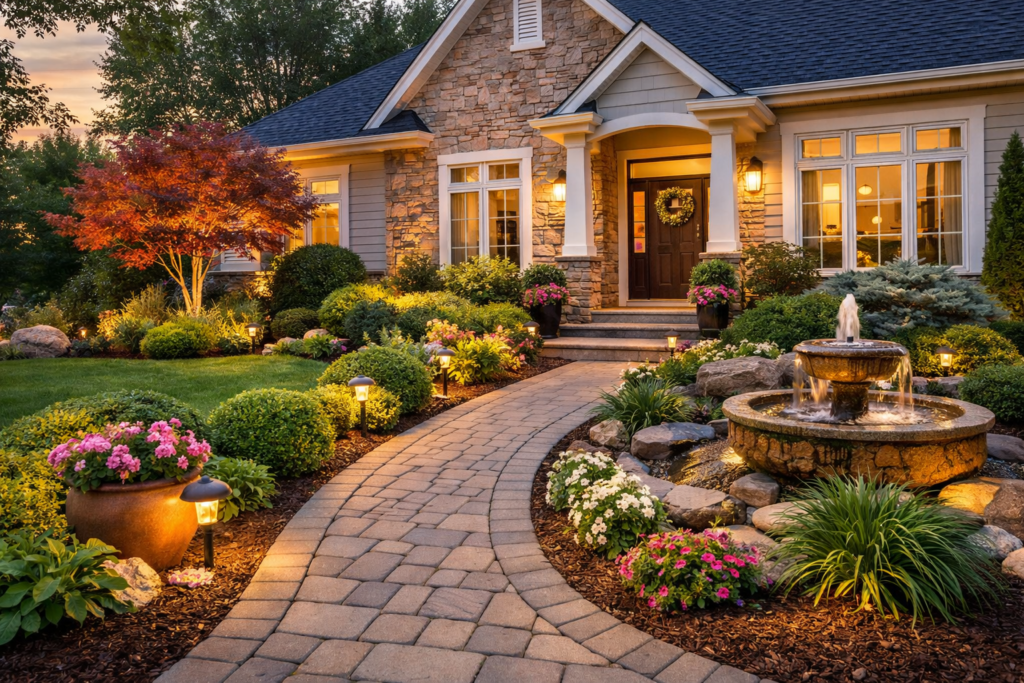 Beautiful front yard landscape featuring a modern house with a curved walkway, colorful flowers, low-maintenance shrubs, ornamental grasses, and warm landscape lighting – perfect landscape ideas for front of house.